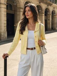 Women's Vintage Yellow Lapel Gold Button Cardigan, Long Sleeve Regular Fit, Suitable For Autumn/Winter - Yellow - View 4