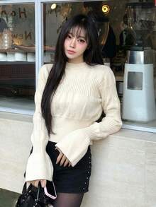 Ribbed Crew Neck Sweater, Long Sleeve Pullover, High Stretch Knit, Regular Fit, Beige Casual Fall/Winter Top For Everyday Winter Outfits - Apricot - View 2