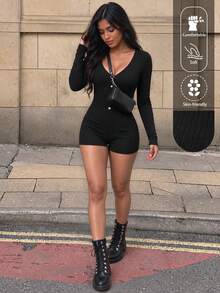 EARO Women's Black Ribbed Knit Jumpsuit, Long Sleeve V-Neck High Elasticity Slim Fit Short Jumpsuit With Button Detail - Black - View 1