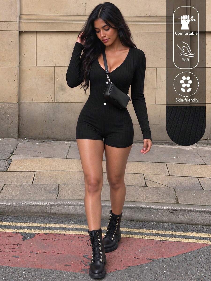 EARO Women's Black Ribbed Knit Jumpsuit, Long Sleeve V-Neck High Elasticity Slim Fit Short Jumpsuit With Button Detail - Black - View 1