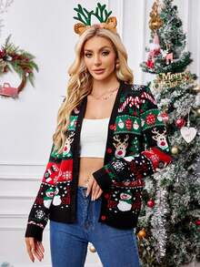 Women's Christmas Cardigan, Long Sleeves V Neck Open Front Sweater, Funny Reindeer Patter, Cartoon Fall Winter Outfit For New Year - Black - View 3