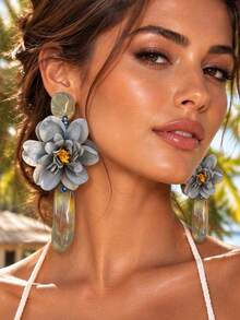 Anting Liontin Panjang Peony Abu-abu Buatan Tangan, Anting Kancing Resin Pola Marmer Berputar, Anting Liontin Resin Panjang Asimetris yang Berlebihan, Cocok untuk Musim Panas - MultiWarna - View 2