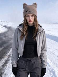 1Pc Women Cute Cat Ear Knit Beanie Hat,Khaki Soft Plush Ribbed Cuffed Beanie,Suitable For Autumn/Winter Daily Warmth And Travel Outfits - Khaki - View 3