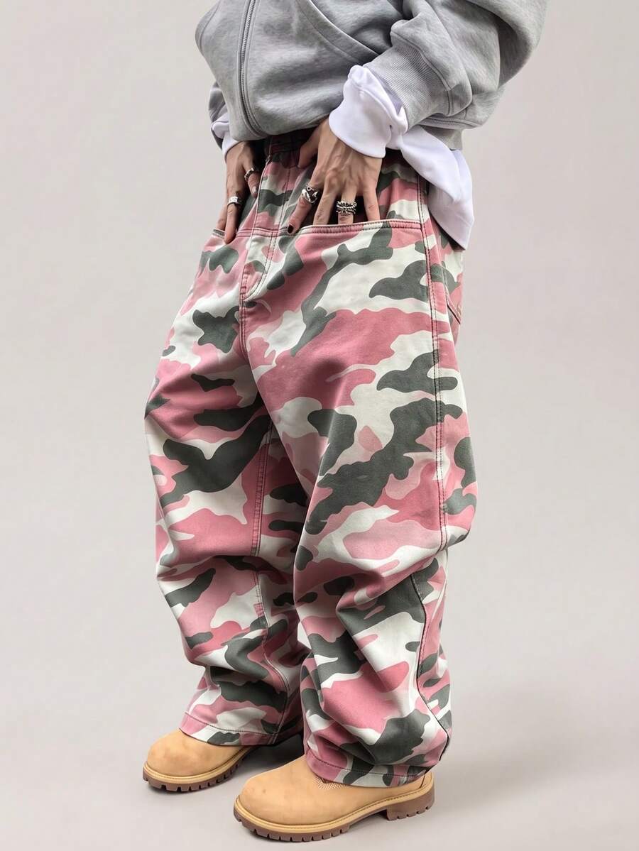 Vaulklash Men's Retro Street Camouflage Wide Leg Jeans - Pink - View 1