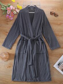 Women's Minimalist Ribbed Knit Vertical Stripe Robe, Soft Shawl Collar Tie Waist Long Robe With Pockets, Bathroom & Home Wear - Grey - View 10