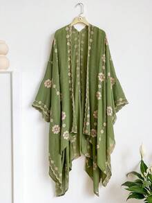 一件优雅花卉刺绣波西米亚风和服/纱笼，轻盈披肩开衫，多功能沙滩罩衫，防晒时尚配饰，适合日常穿着、馈赠亲友、度假旅行必备 - 綠色 - 查看 1