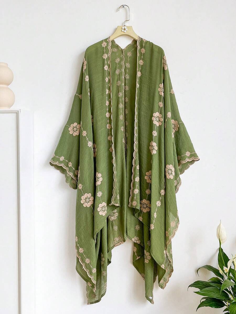 一件优雅花卉刺绣波西米亚风和服/纱笼,轻盈披肩开衫,多功能沙滩罩衫,防晒时尚配饰,适合日常穿着、馈赠亲友、度假旅行必备 - 綠色 - 查看 1