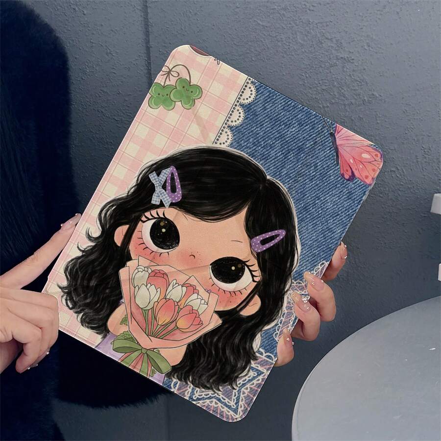 1件卡通女孩花束平板保護殼，附筆槽與自動休眠/喚醒功能，相容 iPad PRO/AIR、Pad 5/6/21、Pad、MatePad、Honor Pad