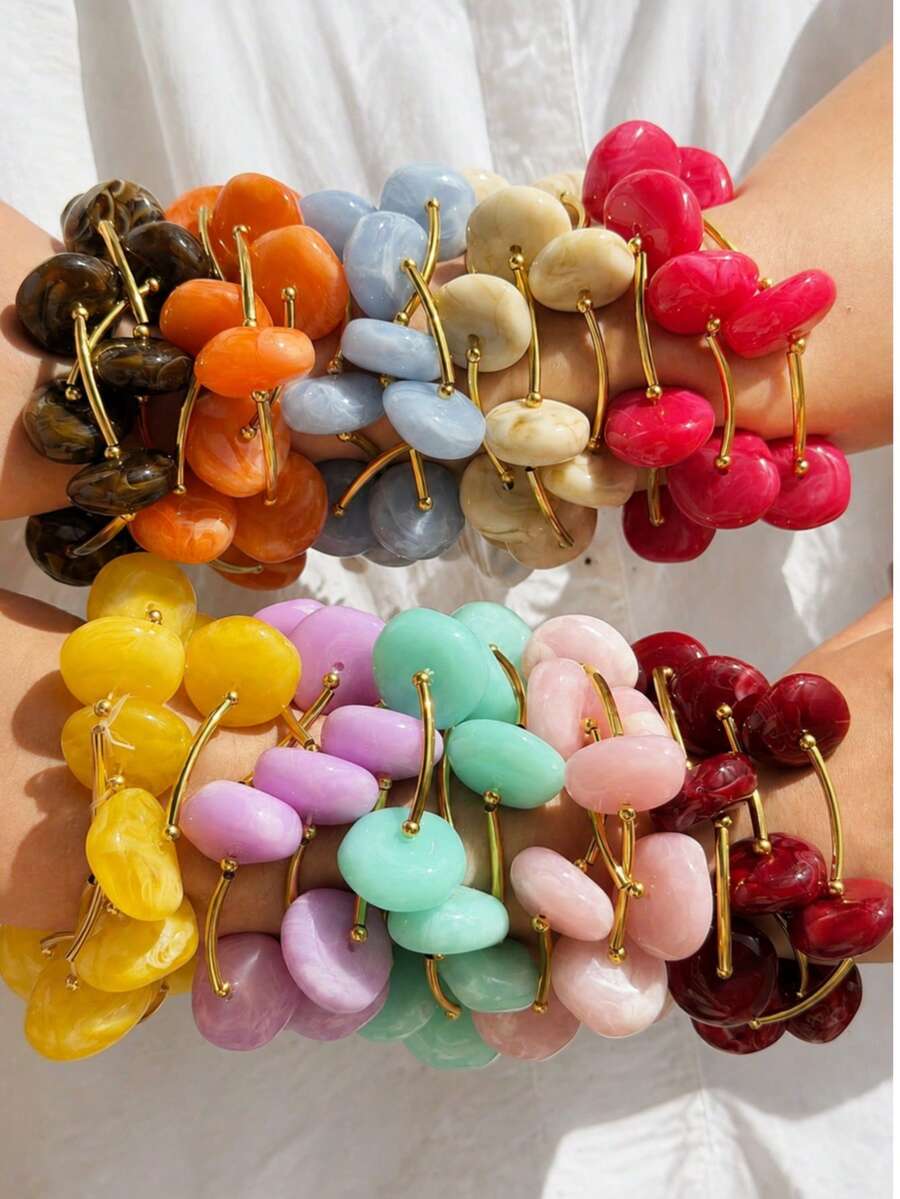 3pcs/Set 24mm Colorful Asymmetrical Large Bead Bracelet Set, Y2K Dopamine Bracelet Set, Summer Versatile Vacation Jewelry - Multicolor - View 1