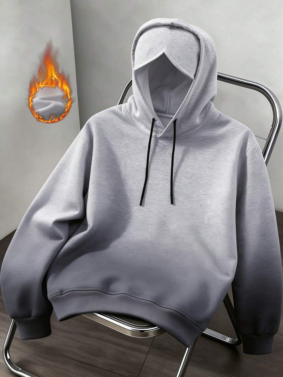 秋冬新款!男士時尚抓絨內裡加厚眼罩連帽衛衣,漸層配色設計,適合居家休閒穿著 - 灰色 - 查看 1