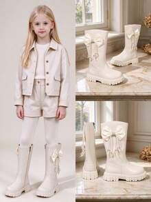 1 Pair Girls' Beige High-Top Riding Boots With Bow, Rhinestone, Iridescent Beads, Side Zipper, Thick Sole, Non-Slip, Spring/Autumn Princess Boots For School, Outings, Versatile Children's Fashion Boots - Beige - View 1