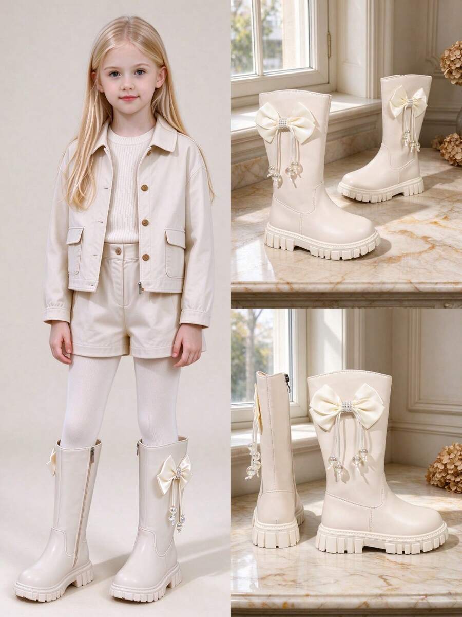 1 Pair Girls' Beige High-Top Riding Boots With Bow, Rhinestone, Iridescent Beads, Side Zipper, Thick Sole, Non-Slip, Spring/Autumn Princess Boots For School, Outings, Versatile Children's Fashion Boots - Beige - View 1