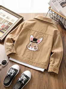 Little Boy Spring/Autumn Woven Jacket, Rabbit Embroidery, Button Front, Lapel Collar, Long Sleeve With Patch Pockets, Cute Casual Outdoor Outfit - Brown - View 12