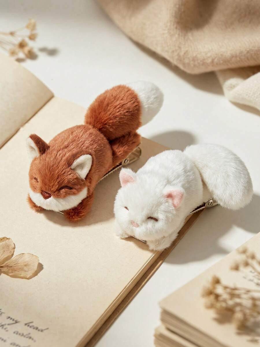2/1pc Women's Multi-Color Playful Soft Plush Fox Hair Clips, Fashionable Versatile High-End Fox Design Vintage Style Hair Accessories, Suitable For Daily Wear - Multicolor - View 1