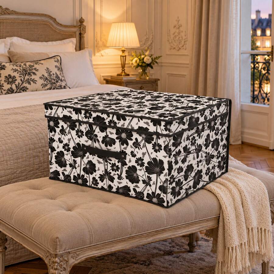 Large Water-Resistant Storage Box With Lid 70 X 40 X 30 Cm, Collapsible Fabric Storage Bin With Handle, Foldable Organizer For Clothes, Bedding - Black & White Floral Print - View 1