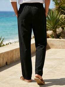 Men's Spring/Summer Thin Breathable Hip-Hop Linen Casual Sports Long Pants, Beach Straight Leg Hawaiian Solid Color, Vacation Style - Black - View 4