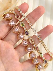 3pcs/1set Fantasy Colorful Heart Stainless Steel Bracelet Sets Fashion Geometric CZ Women Bracelets For Birthday Anniversary Gift For Daily Commute - Multicolor - View 5