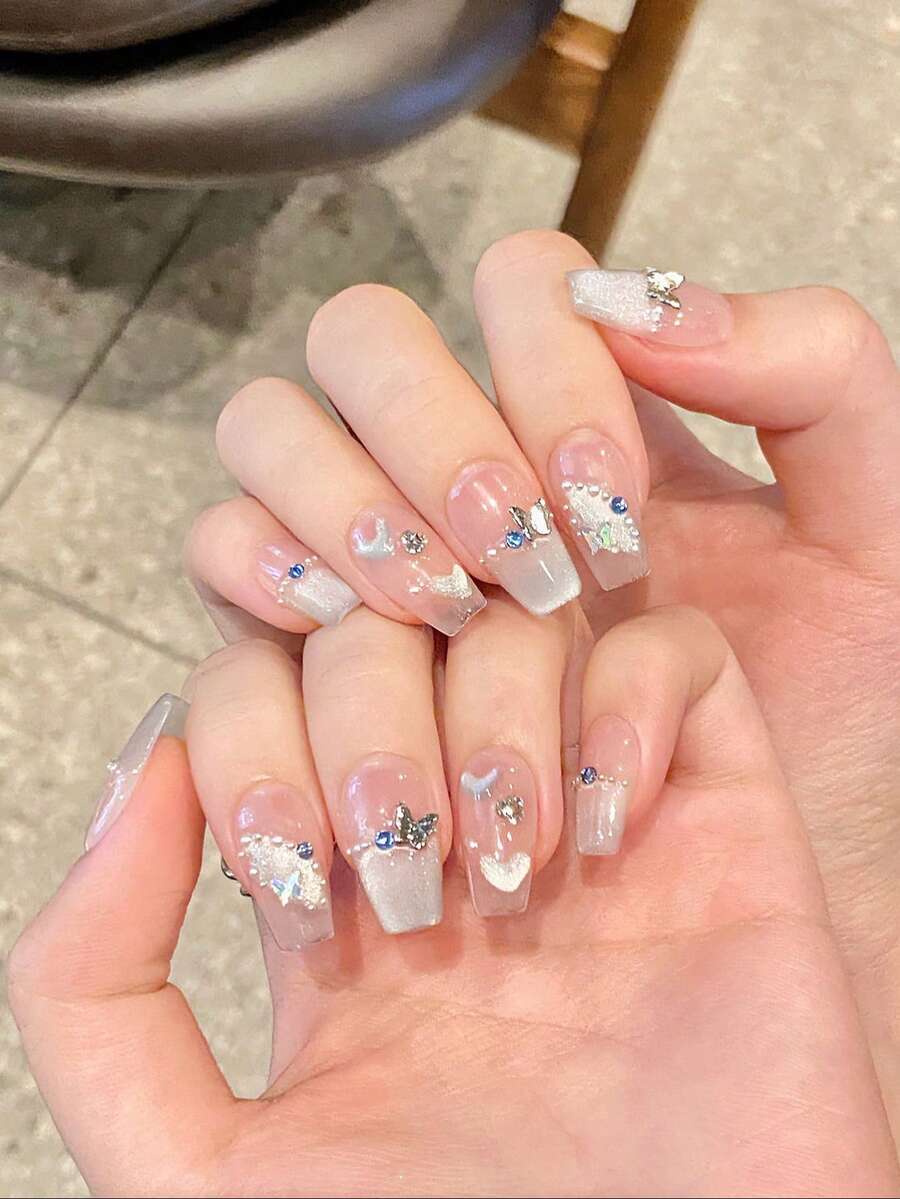 Upgrade Your Look With 10pcs Medium Oval Nude Pink Butterfly Press On ...