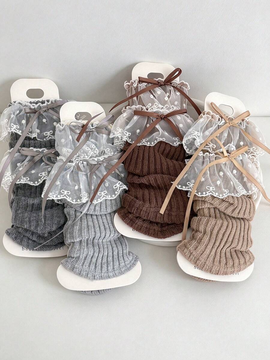 1/2/4/6 Pairs Women's Multi-Color Bowknot Slouch Leg Warmers, Lace Trim, Versatile For Autumn/Winter And Spring/Summer, Ins Japanese Y2K Style Long Leg Warmers - Multicolor - View 1