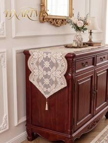 HXARTMIS 1PC French Vintage Mesh Embroidered Table Runner, Gold & White Daisy Paisley Lace Tablecloth With Tassel Pendant, Romantic Luxury Dining Table & Coffee Table Decor Cloth - Brown - View 4