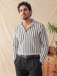 glestore Men's Retro Style, Vintage-Inspired, Black-And-White Striped, Collared Long-Sleeve Shirt-A Versatile Casual Option For All Seasons - Black and White - View 1