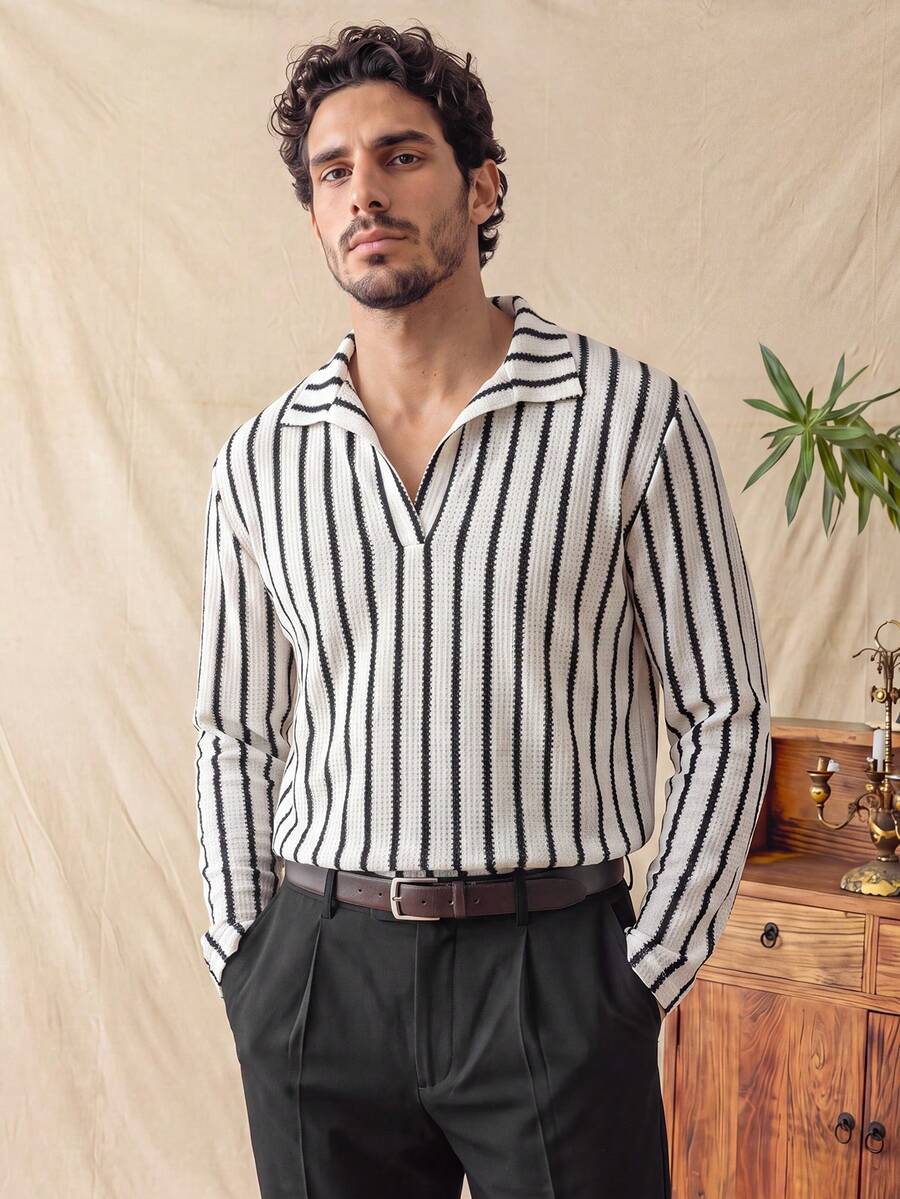 glestore Men's Retro Style, Vintage-Inspired, Black-And-White Striped, Collared Long-Sleeve Shirt-A Versatile Casual Option For All Seasons - Black and White - View 1
