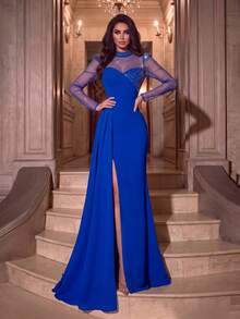 Elegant Women's Royal Blue Mermaid Evening Gown, Rhinestone Illusion Long Sleeve Stand Collar Design, Suitable For Formal Dinner And Ball - Royal Blue - View 5