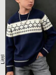 Big Boys Vintage Nordic Jacquard Knit Top, Contrast Geometric Print Autumn Sweater - Navy Blue - View 1