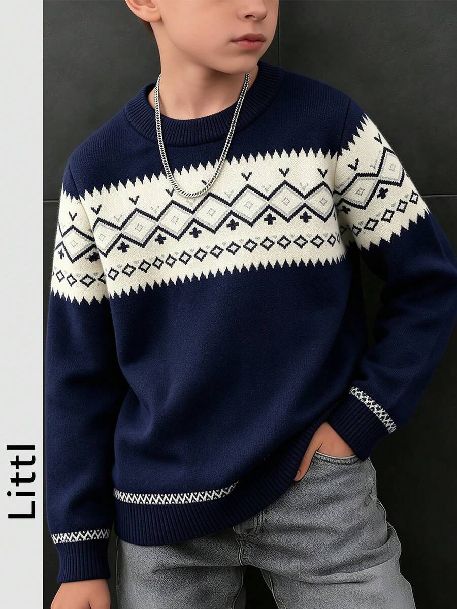 Big Boys Vintage Nordic Jacquard Knit Top, Contrast Geometric Print Autumn Sweater - Navy Blue - View 1