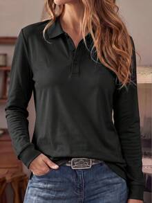 Vancamel Pulse Women's Outdoor Sports Minimalist Solid Color Long Sleeve Polo Shirt, Versatile Commute Slim Fit Top - Black - View 3