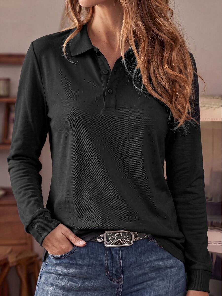 Vancamel Pulse Women's Outdoor Sports Minimalist Solid Color Long Sleeve Polo Shirt, Versatile Commute Slim Fit Top - Black - View 1