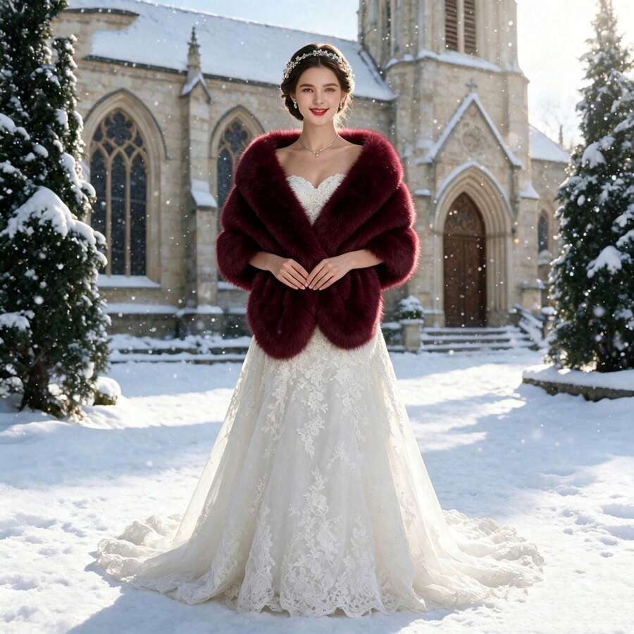1. Selendang Bulu Rubah Imitasi Baru yang Bergaya dan Serbaguna, Selendang Gaun Pengantin, Bulu Imitasi Warna Polos Cocok untuk Pemakaian Sehari-hari - Burgundy - View 1