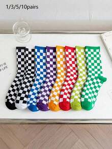 5 Pairs Unisex Assorted Plaid Mid-Calf Socks, Simple Retro Style, Soft And Comfortable, Casual And Versatile, Suitable For Daily Wear And Home, Autumn Essential - Multicolor - View 13