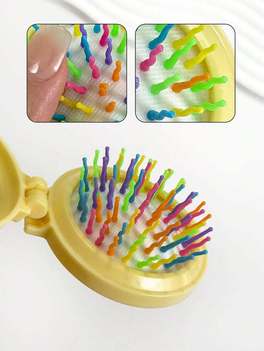 1pc Foldable Air Cushion Comb, Portable Round Flip Cover Comb With Mirror, Colorful Bristles, Travel Comb - Multicolor - View 1