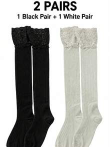 1 Pair Women's (Suitable For 60kg) Black Contrast Lace Comfortable Over-The-Knee Socks, Versatile Daily Wear - Black - View 6