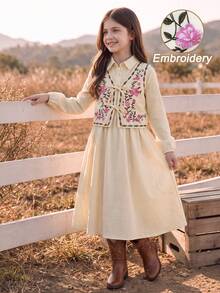 Girls Long Sleeve Year-Round Dress Set With Embroidered Vest And Tie Decor, 2 Pieces Outfit For Back To School, Autumn Outings And Party Wear - Multicolor - View 4