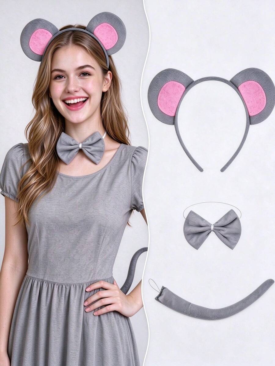 3 Buah Set Aksesori Bando Telinga Tikus Kostum, Bando Telinga Tikus Warna Abu-abu dan Merah Muda, Aksesori Halloween Tikus - Grey - View 1