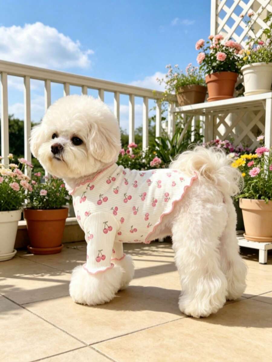 1pc Pet Dog/Cat Clothes, Bow Print Pink Bow Decor Sweater, Breathable Comfortable Anti-Shedding Casual Outfit For Teddy, Poodle, Chihuahua, Spring & Autumn - Multicolor - View 1