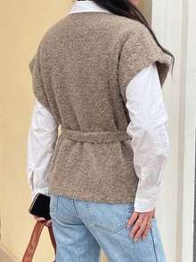 New Elegant Solid Color Casual Belt Women's Wool Vest Jacket Daily Holiday Autumn/Winter - Brown - View 6