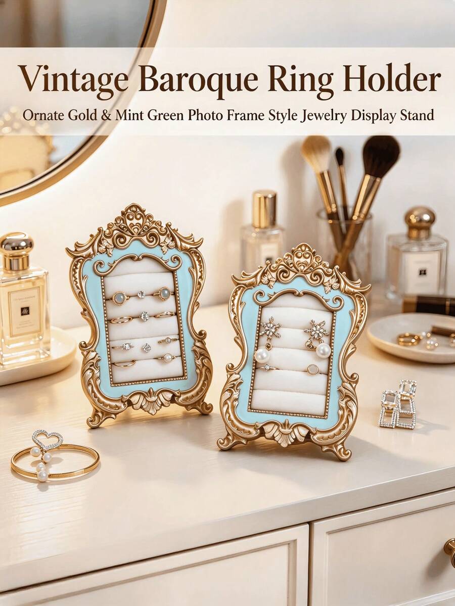 1pc New Gold Carved Mint Green Vintage Resin Scroll Velvet Jewelry Storage Box, Vintage Frame Scroll Ring Tray, Necklace & Earring Display Stand, Home Decor Artwork, Holiday Gift, Jewelry Tower, Earring Rack, Jewelry Organizer, Classic Jewelry Prop - Multicolor - View 1