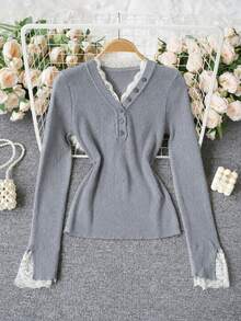 Stunning Minimalist Sexy V-Neck Lace Patchwork Base Layer Top, Women's Autumn/Winter French Style Inner Layer Sweater Knit Top - Grey - View 3