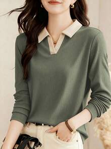 2025 New Autumn Women Polo Collar Long Sleeve T-Shirt, Fashionable Outer Wear Pullover Top Casual Spring - Army Green - View 3