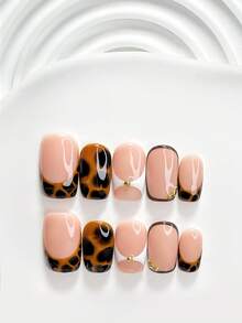 秋季 10片裝 Mailard 風格手工穿戴甲 Polygel 美甲套組，豹紋棕黑配色，簡約風，附美甲工具，3種尺寸可選，方型、短方型、杏仁型，適合派對、舞蹈、日常佩戴（手工細節可能有所不同） - 彩色 - 查看 16