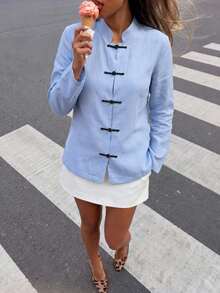 Women's Fashion Stand Collar Long Sleeve Woven Blouse, Front Button Design, Regular Fit Fashion Shirt - Blue - View 4