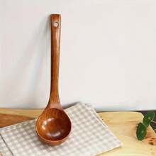 Natural Wooden Long-Handle Soup Ladle, Uncoated & Unwaxed Household Soup Spoon, Non-Stick Pot Heat-Resistant Wooden Spoon, Kitchen Porridge & Rice Spoon, Hanging Style Wooden Spoon - Wood Brown - View 14