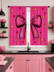 2Pcs Rose Red Large Bow Heart Star Graffiti Print Pattern Curtains, Sweet Cool Cartoon Semi-Blackout Rod Pocket Window Decor, Suitable For Living Room And Bedroom, Rod Not Included, Machine Washable - Magenta Bow - View 5