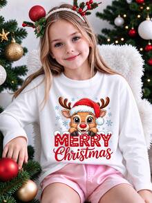 Tween Girl Fun Print Crew Neck Long Sleeve T-Shirt, Autumn/Winter Top - White - View 2