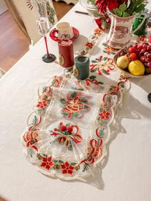 1pc 3D Christmas Bell Embroidered Christmas Sheer Table Runner, Multiple Sizes Available, 11.8 Inches Width, Exquisite Embroidery Craft, Dual-Purpose Decor For Christmas Parties & Cabinet Cover - Christmas Bells - View 4