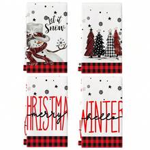 聖誕廚房抹布 4 件組，紅黑水牛格紋聖誕樹雪人 Let It Snow 餐巾布，冬季節日廚房裝飾，適用烹飪烘焙 - 紅白色 - 查看 8