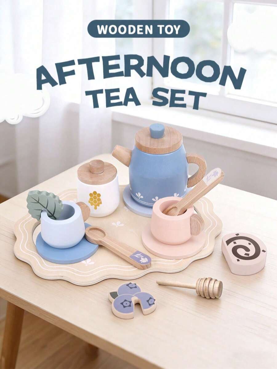 Children's Wooden Simulation Afternoon Tea Dessert Teapot Tableware Kitchen Tea Set Combination Educational Role Play Toy - Red - View 1